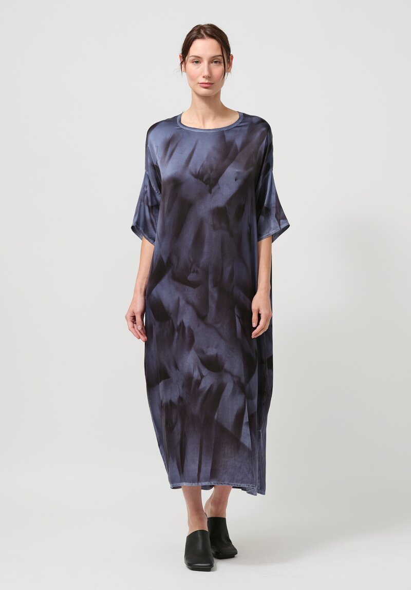 Avant Toi Hand-Painted Silk Dress in Nero Titanium Blue