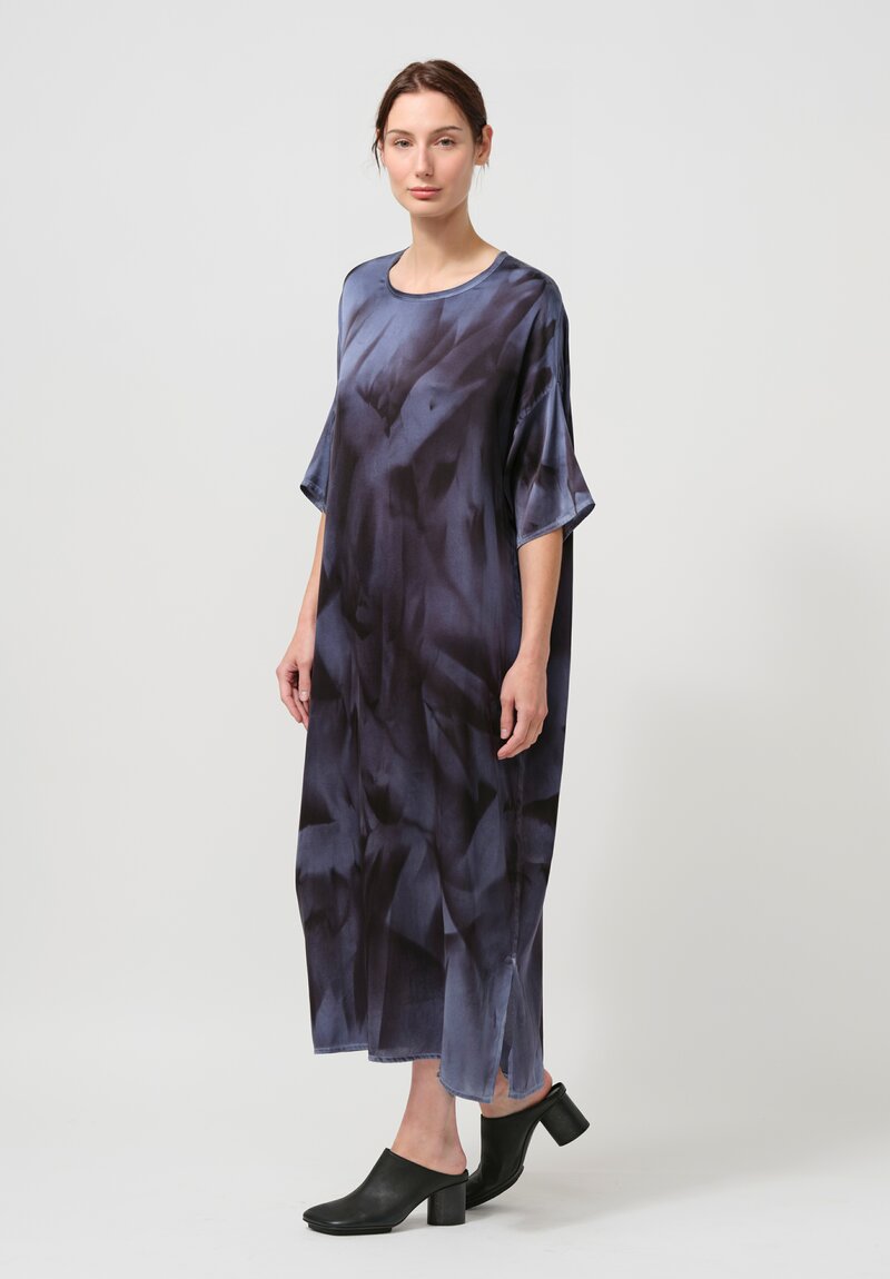 Avant Toi Hand-Painted Silk Dress in Nero Titanium Blue