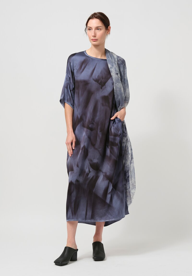 Avant Toi Hand-Painted Silk Dress in Nero Titanium Blue