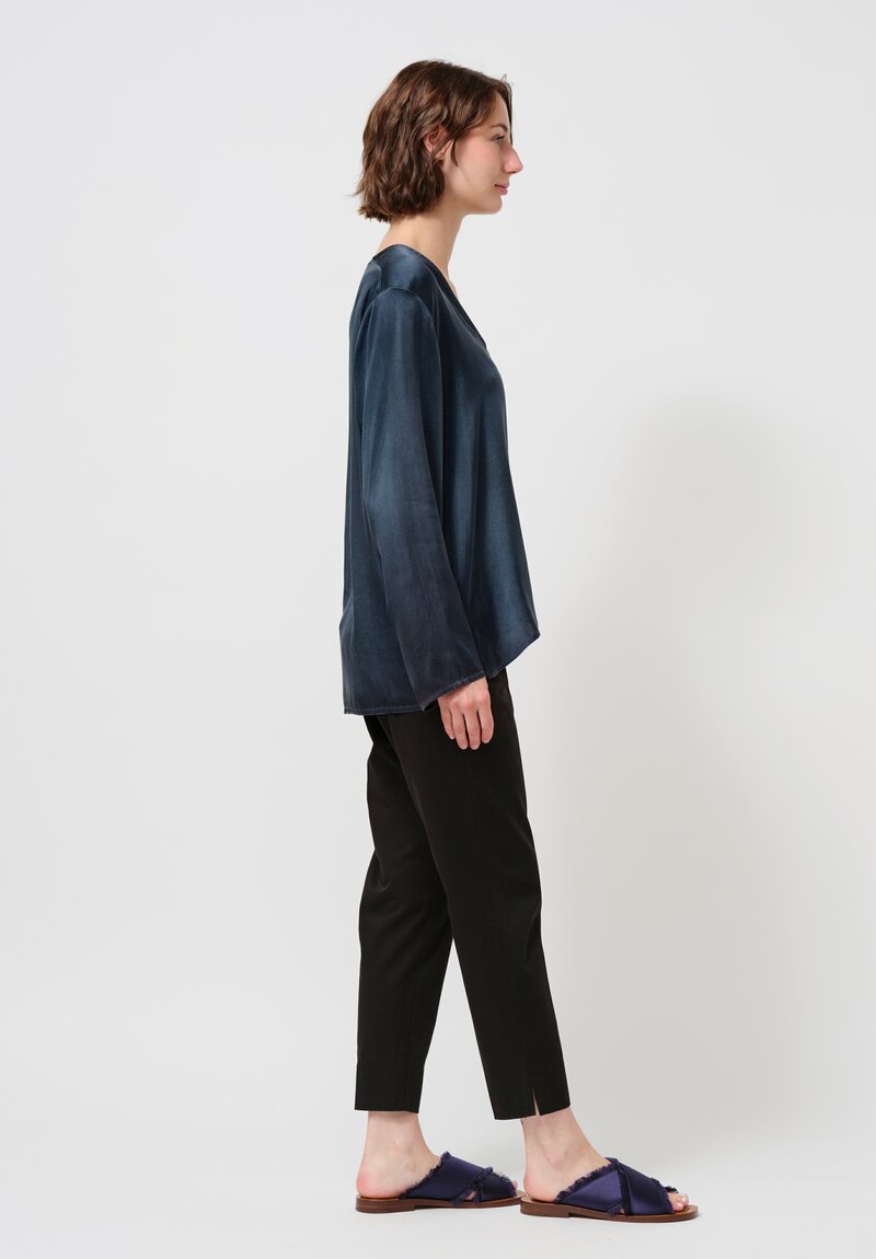 Avant Toi Hand-Painted Silk V-Neck Barchetta Top in Nero & Titanium Blue