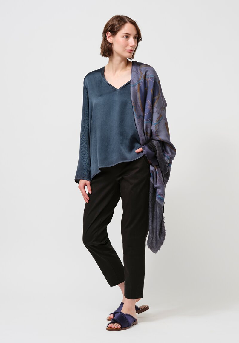 Avant Toi Hand-Painted Silk V-Neck Barchetta Top in Nero & Titanium Blue