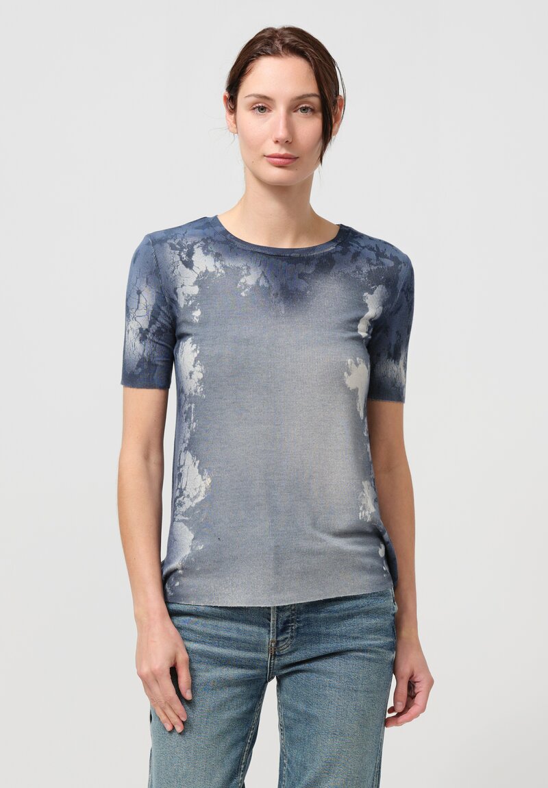 Avant Toi Hand-Painted Rib Knit Tee in Nero Titanium Blue