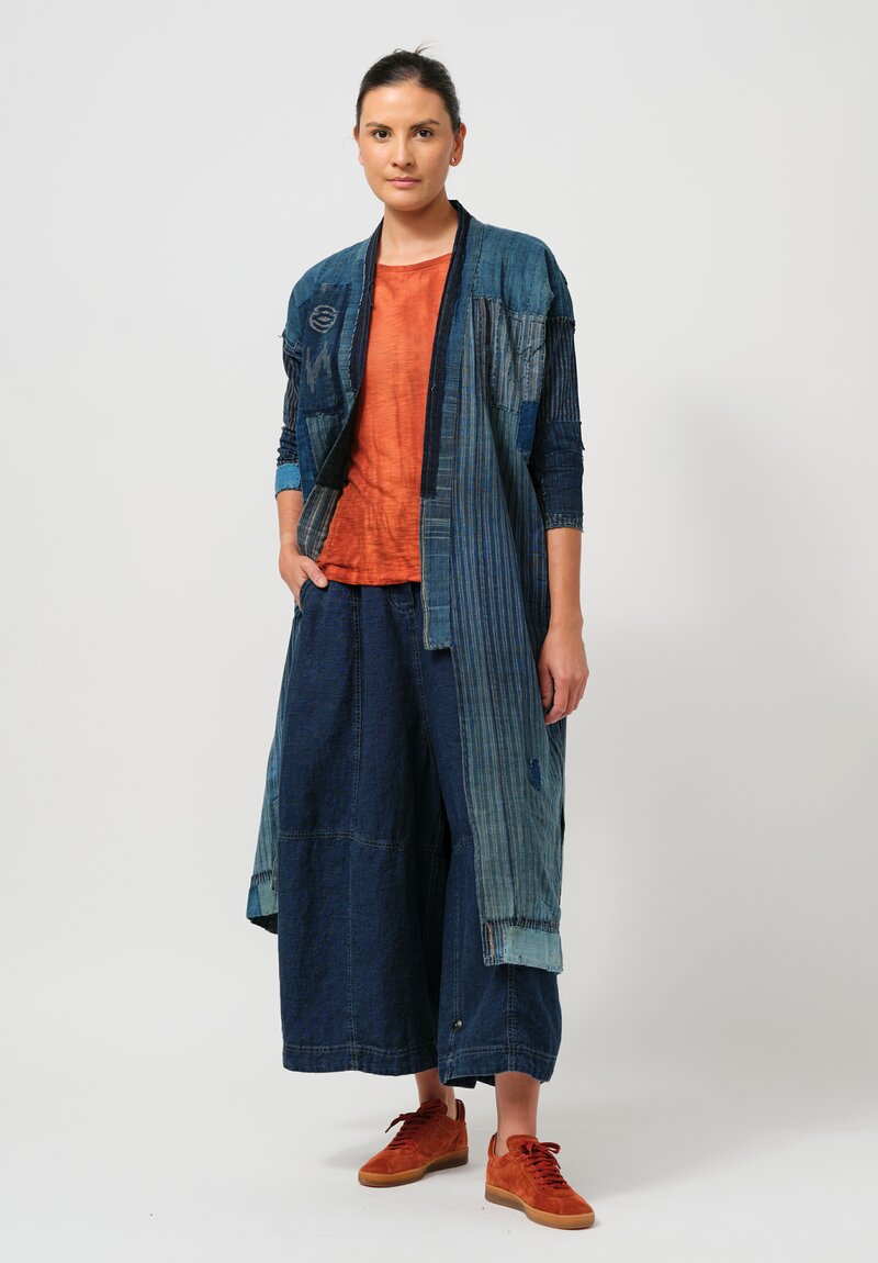 Shobhan Porter Vintage Distressed Patchwork Kimono in Multi-Pattern Cream, Indigo & Rust