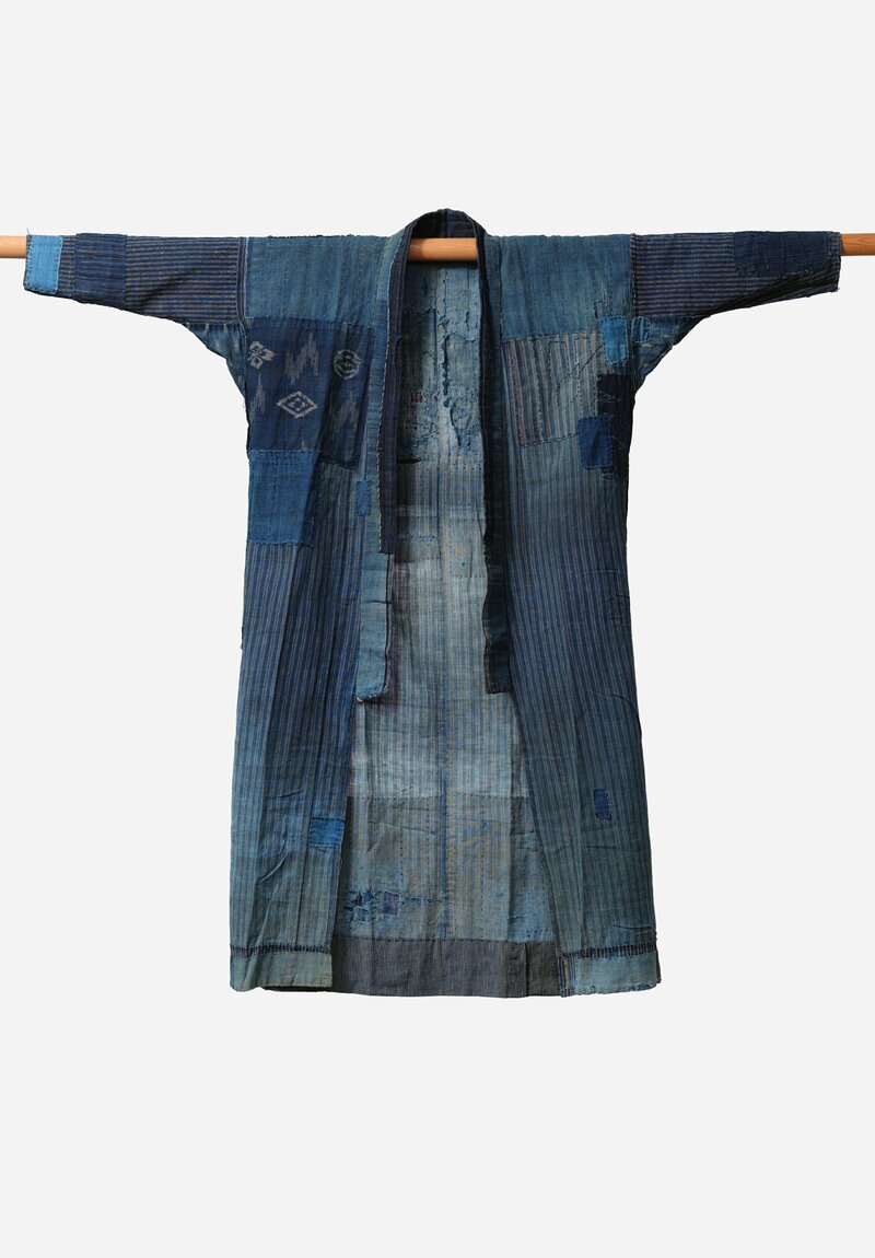 Shobhan Porter Vintage Distressed Patchwork Kimono in Multi-Pattern Cream, Indigo & Rust