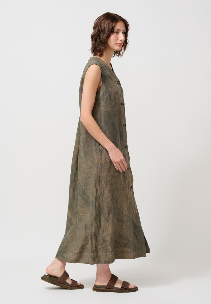 Biek Verstappen Stone Washed Linen Double Breasted Dress in Khaki Green