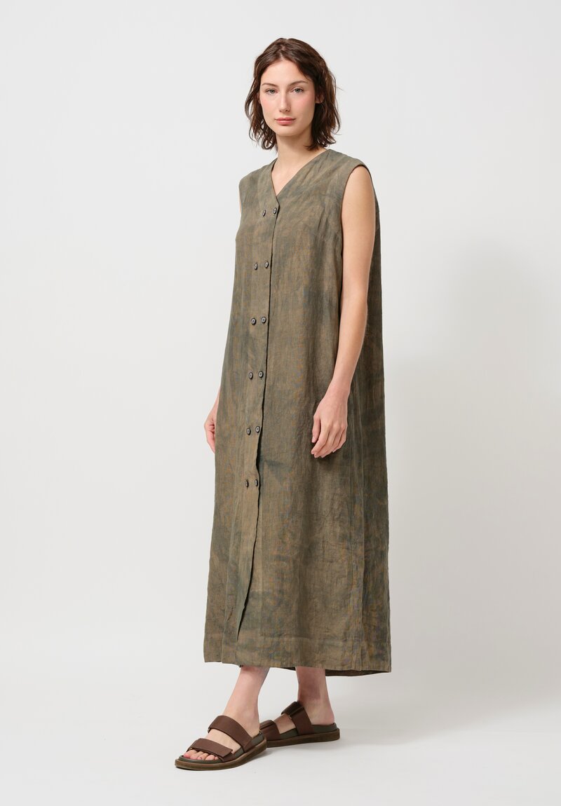 Biek Verstappen Stone Washed Linen Double Breasted Dress in Khaki Green