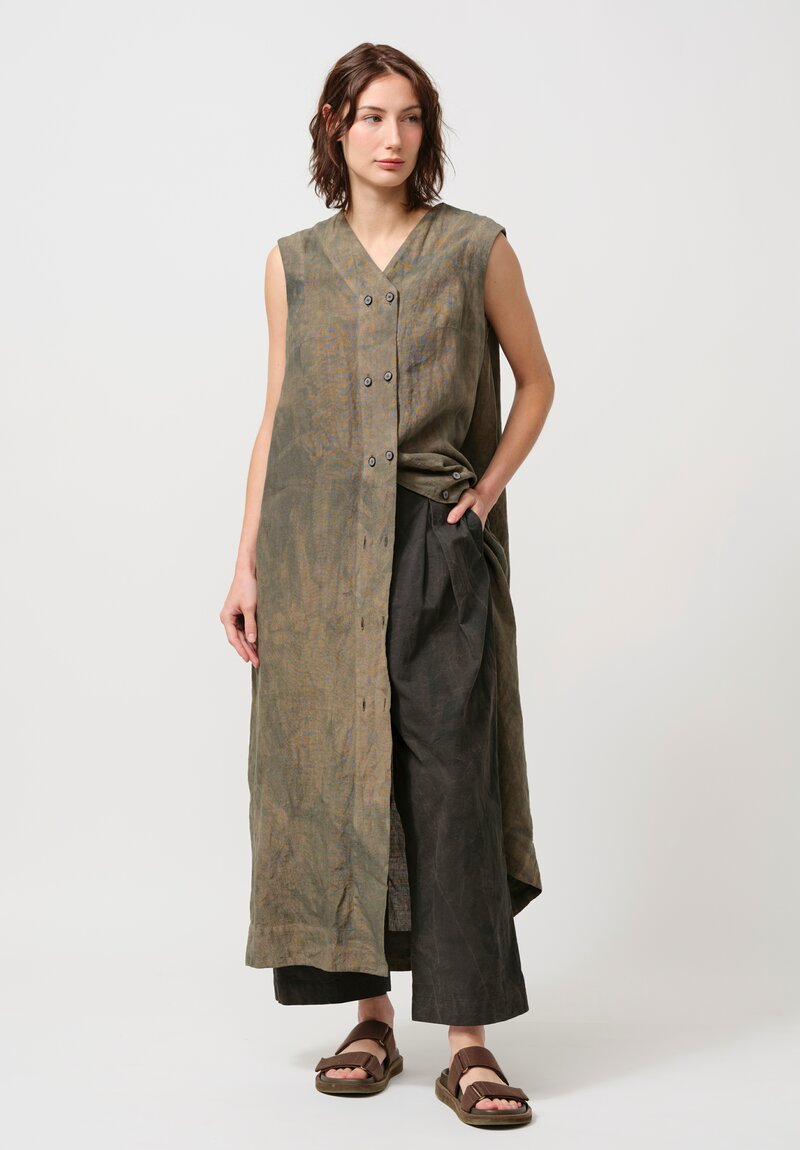 Biek Verstappen Stone Washed Linen Double Breasted Dress in Khaki Green