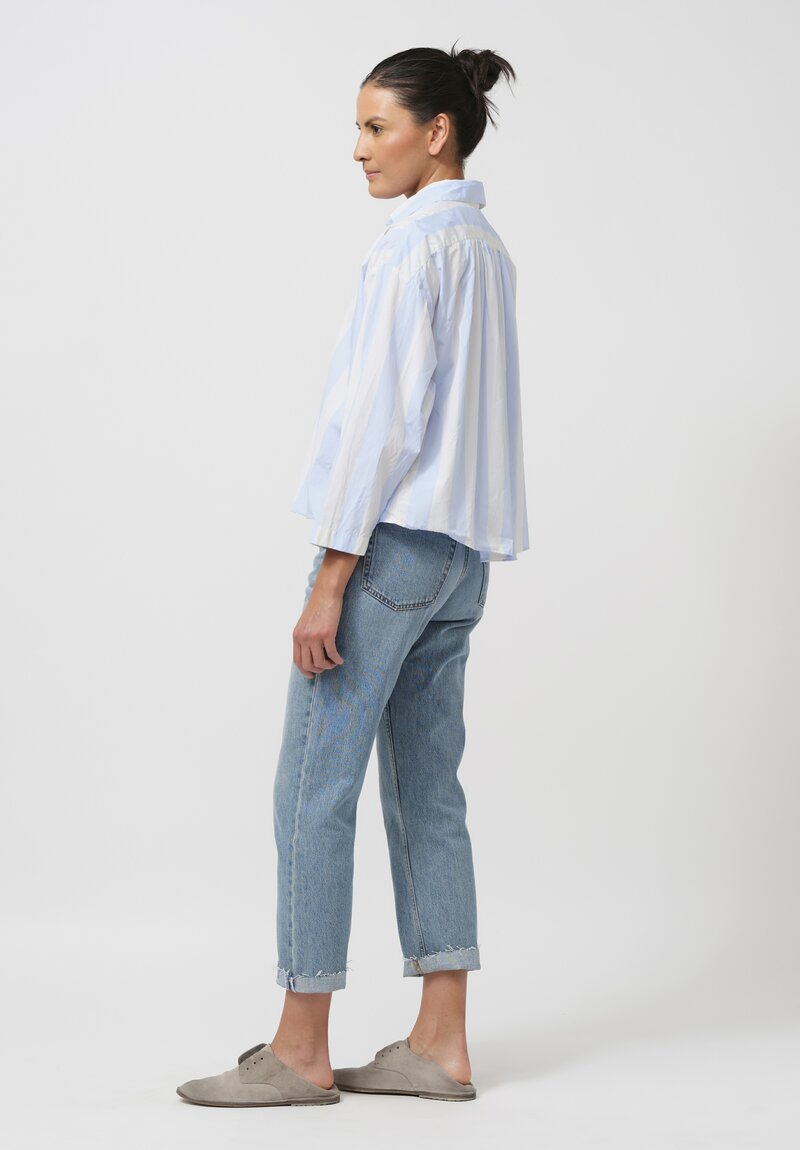 Bergfabel Washed Cotton Poplin Short Overshirt in Azure Blue Stripes