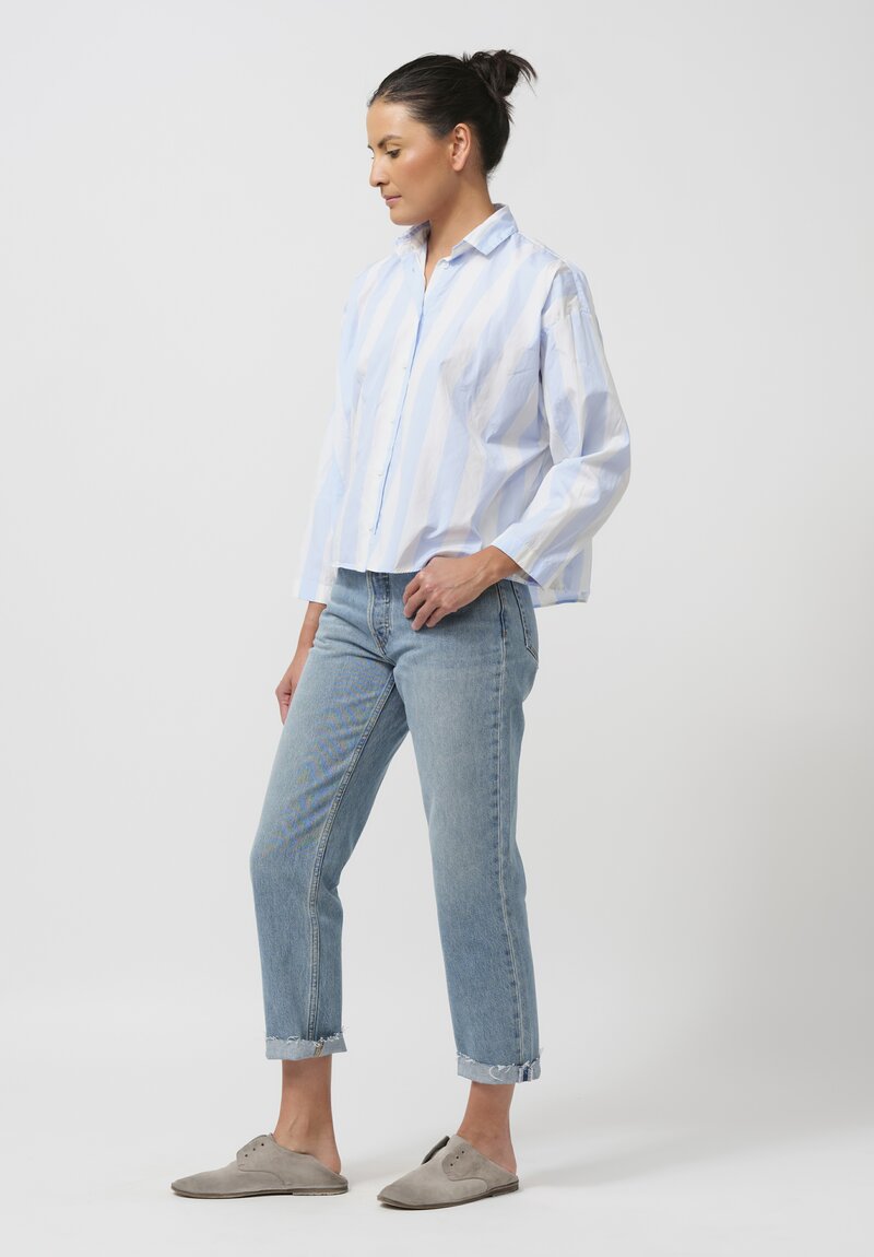 Bergfabel Washed Cotton Poplin Short Overshirt in Azure Blue Stripes