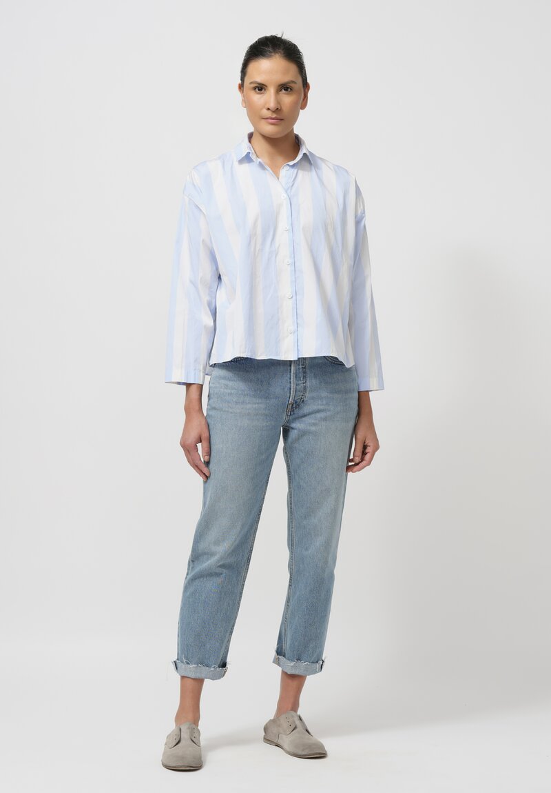 Bergfabel Washed Cotton Poplin Short Overshirt in Azure Blue Stripes