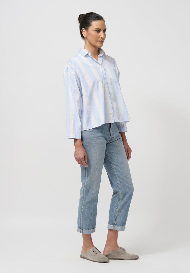 Bergfabel Washed Cotton Poplin Short Overshirt in Azure Blue Stripes