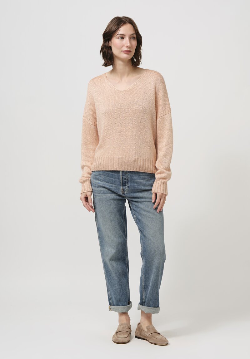 Iris Von Arnim Silk Malva V-Neck Knitted Sweater in Peach Pink