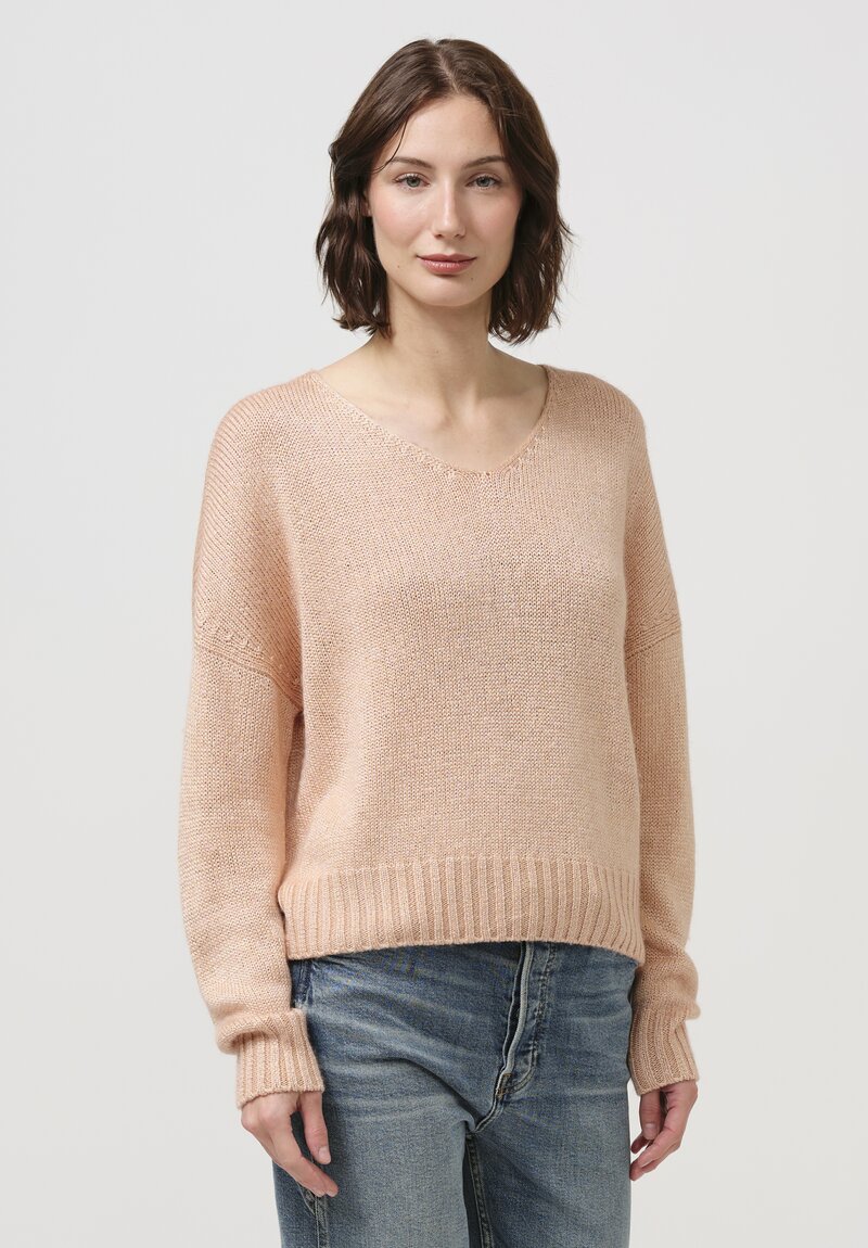 Iris Von Arnim Silk Malva V-Neck Knitted Sweater in Peach Pink