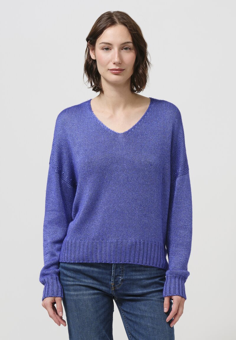 Iris Von Arnim Silk Malva V-Neck Knitted Sweater in Cornflower Blue