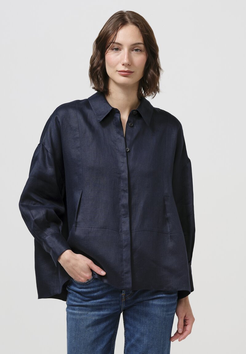 Iris Von Arnim Linen Laurita Button-Down Shirt in Navy Blue