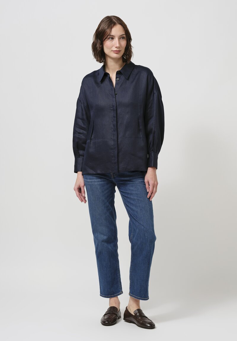 Iris Von Arnim Linen Laurita Button-Down Shirt in Navy Blue