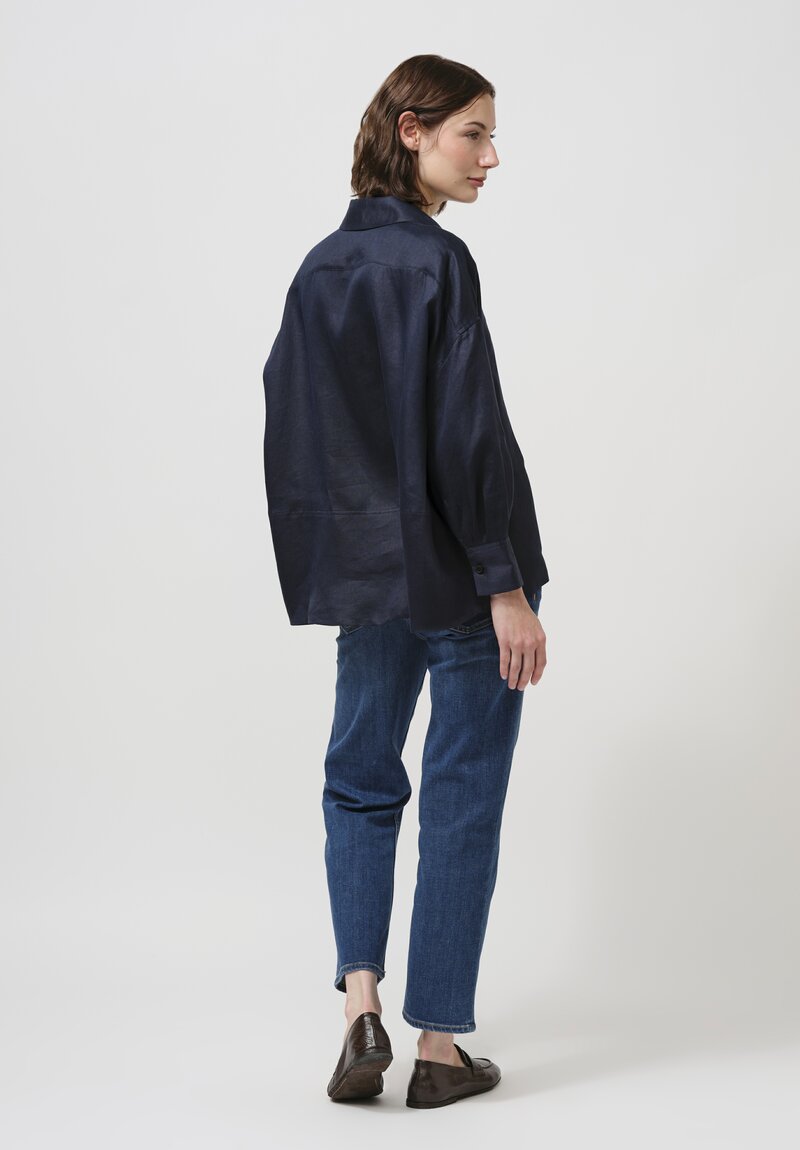 Iris Von Arnim Linen Laurita Button-Down Shirt in Navy Blue