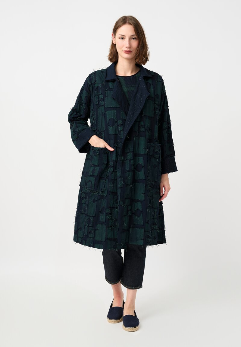 Alabama Chanin Organic Cotton "Abstract Suns" Bold Coat in Midnight Teal Blue