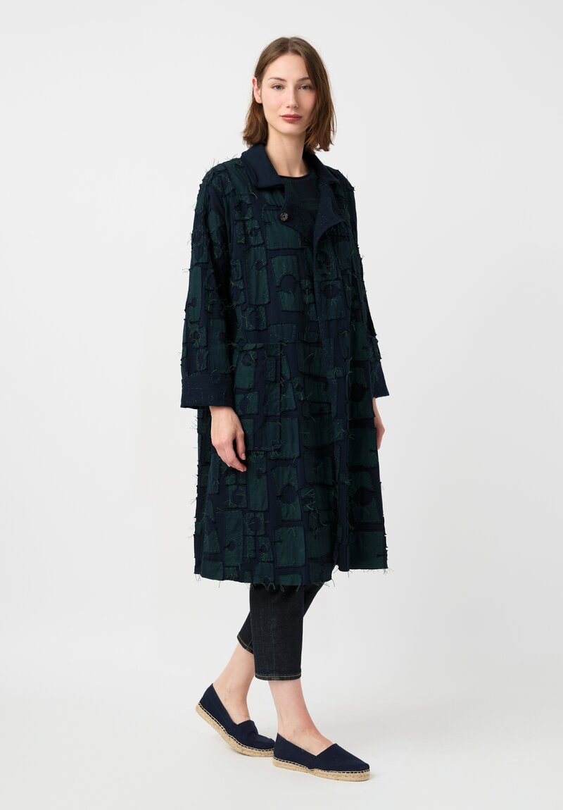 Alabama Chanin Organic Cotton "Abstract Suns" Bold Coat in Midnight Teal Blue