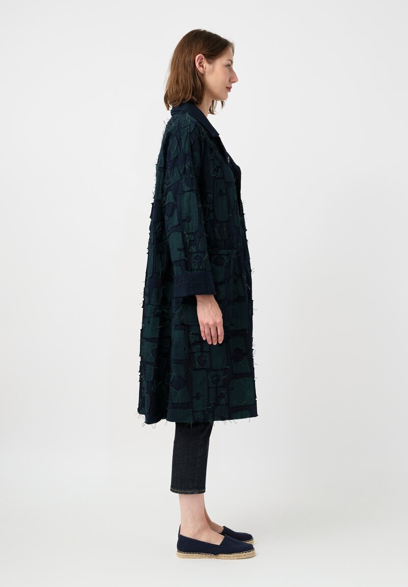 Alabama Chanin Organic Cotton "Abstract Suns" Bold Coat in Midnight Teal Blue