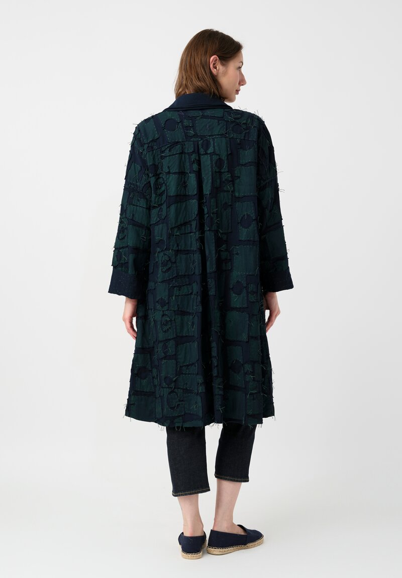 Alabama Chanin Organic Cotton "Abstract Suns" Bold Coat in Midnight Teal Blue