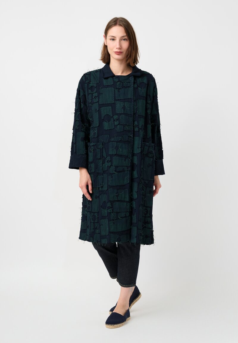 Alabama Chanin Organic Cotton "Abstract Suns" Bold Coat in Midnight Teal Blue