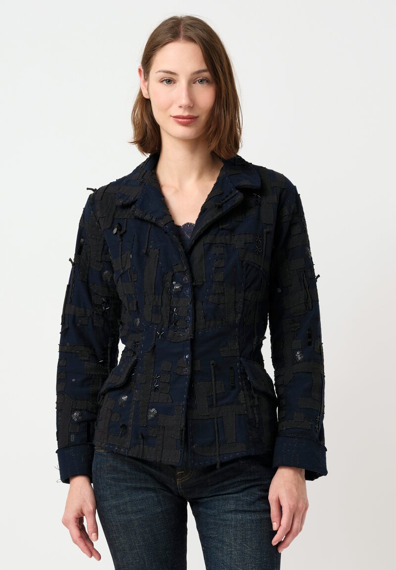 Alabama Chanin Organic Cotton Embroidered Betsy Blazer in Rusted Navy Blue