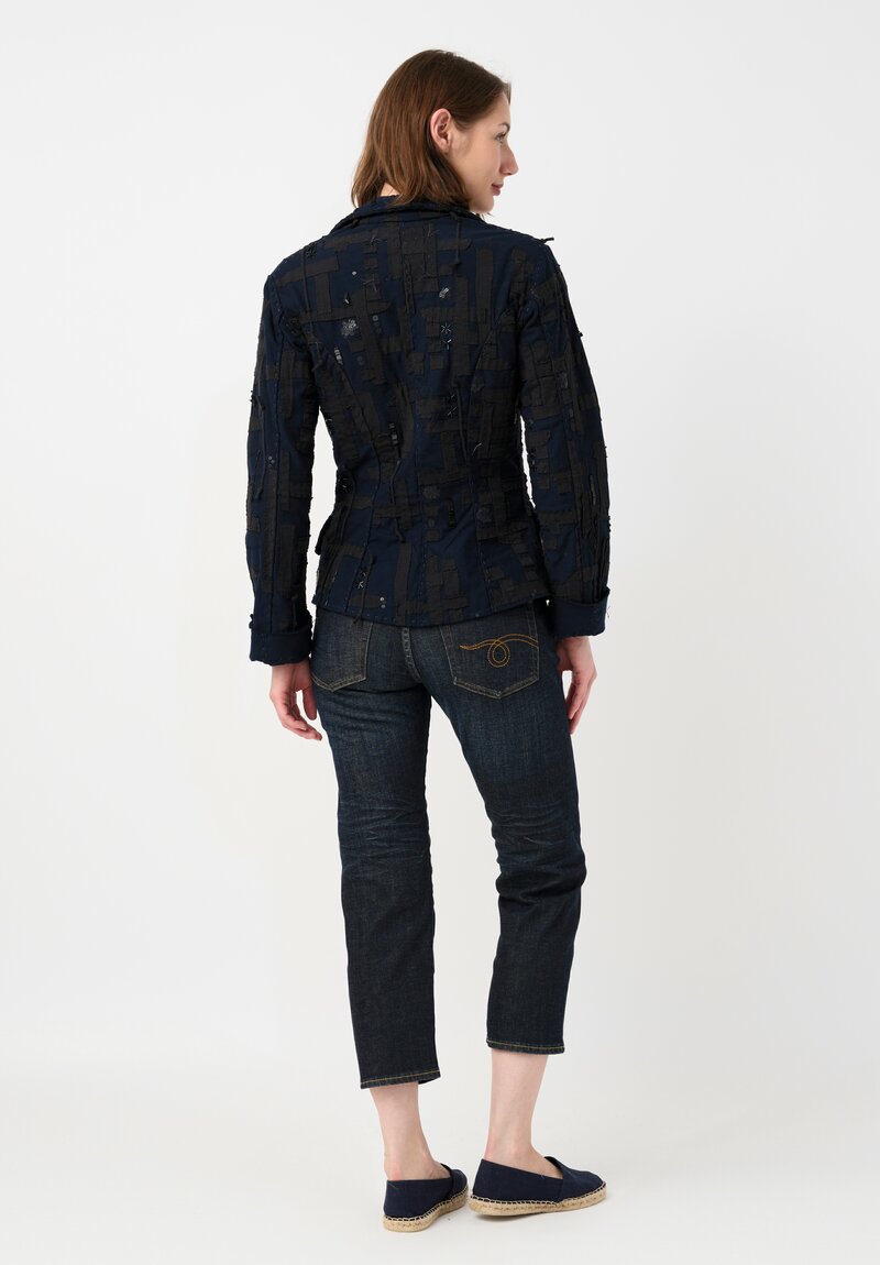 Alabama Chanin Organic Cotton Embroidered Betsy Blazer in Rusted Navy Blue