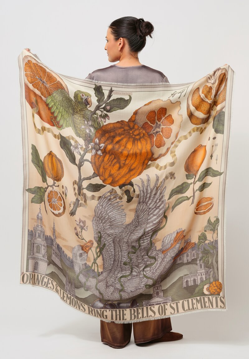 Sabina Savage Wool & Silk Oranges & Lemons Square Scarf in Orange & Green Multi	