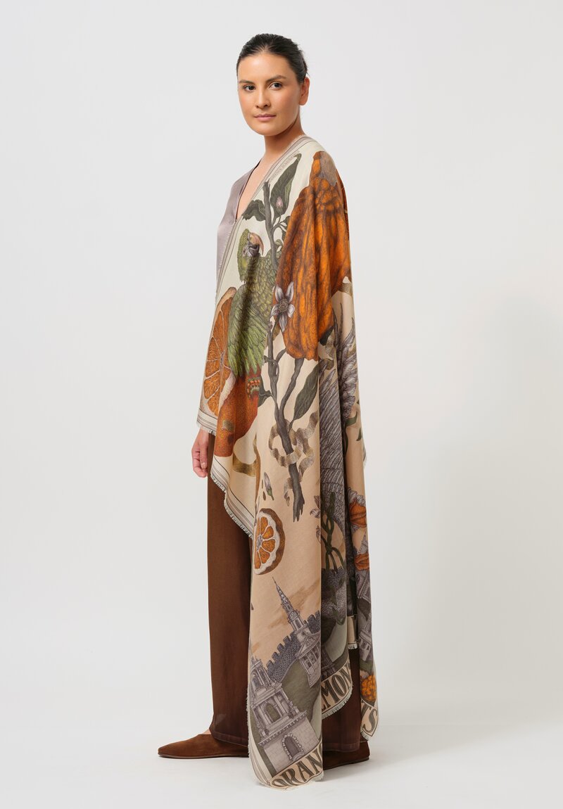 Sabina Savage Wool & Silk Oranges & Lemons Square Scarf in Orange & Green Multi	