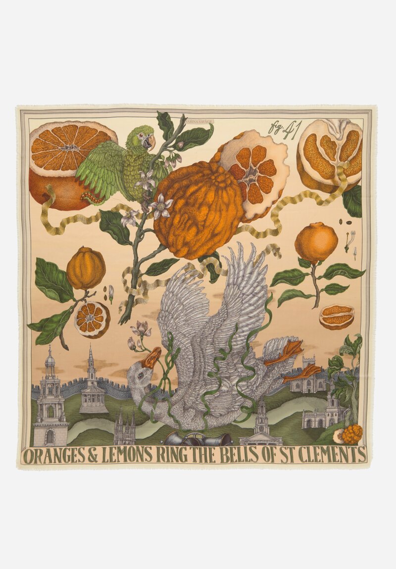 Sabina Savage Wool & Silk Oranges & Lemons Square Scarf in Orange & Green Multi	