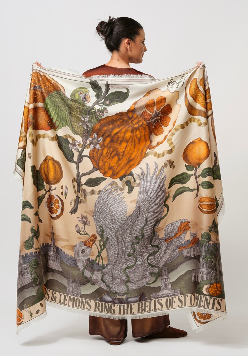 Sabina Savage Silk Twill Oranges & Lemons Rectangle Scarf in Orange & Green Multi	