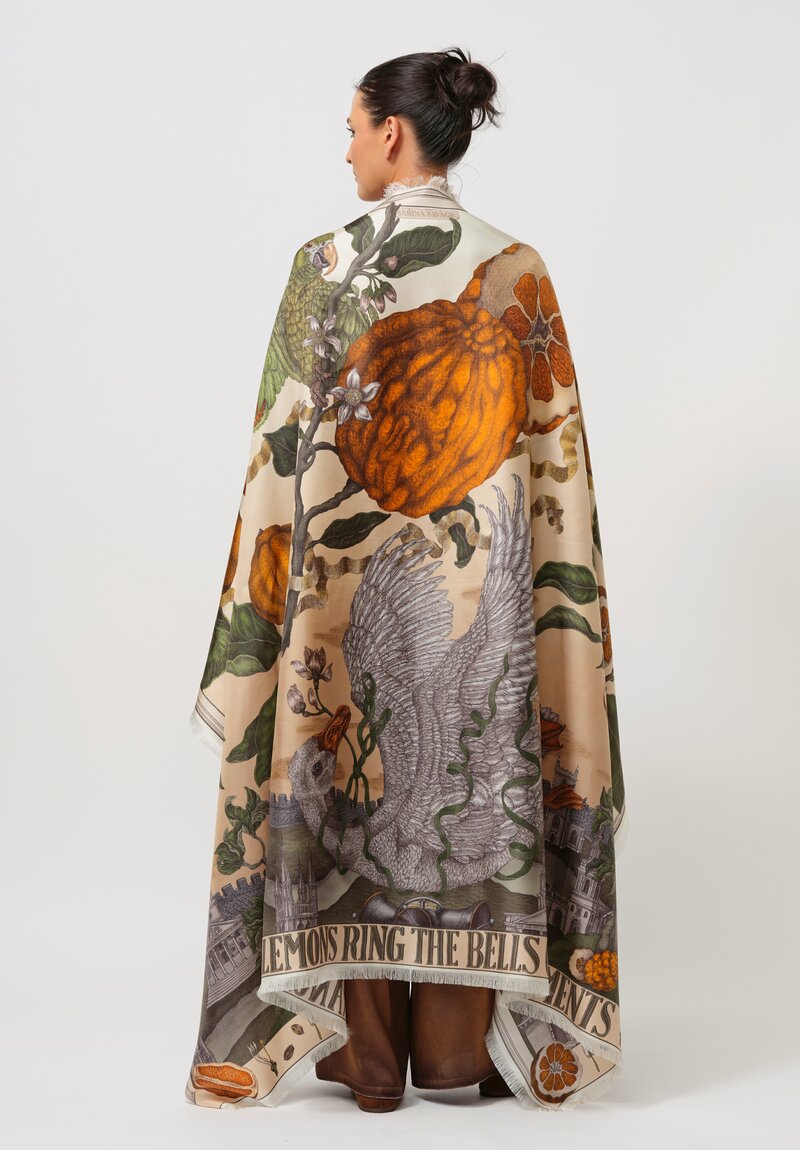 Sabina Savage Silk Twill Oranges & Lemons Rectangle Scarf in Orange & Green Multi	