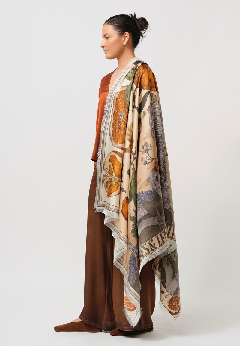 Sabina Savage Silk Twill Oranges & Lemons Rectangle Scarf in Orange & Green Multi	