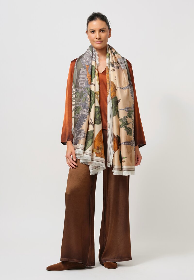 Sabina Savage Silk Twill Oranges & Lemons Rectangle Scarf in Orange & Green Multi	