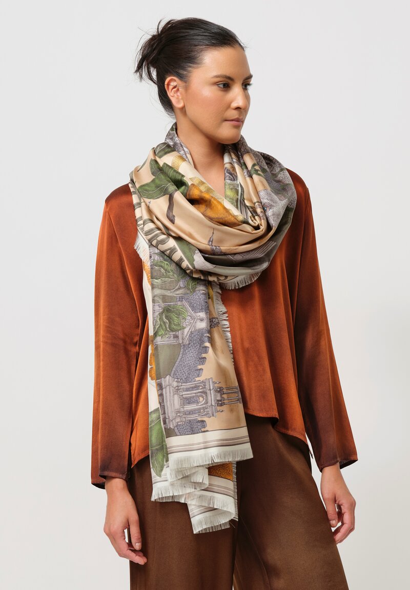 Sabina Savage Silk Twill Oranges & Lemons Rectangle Scarf in Orange & Green Multi	