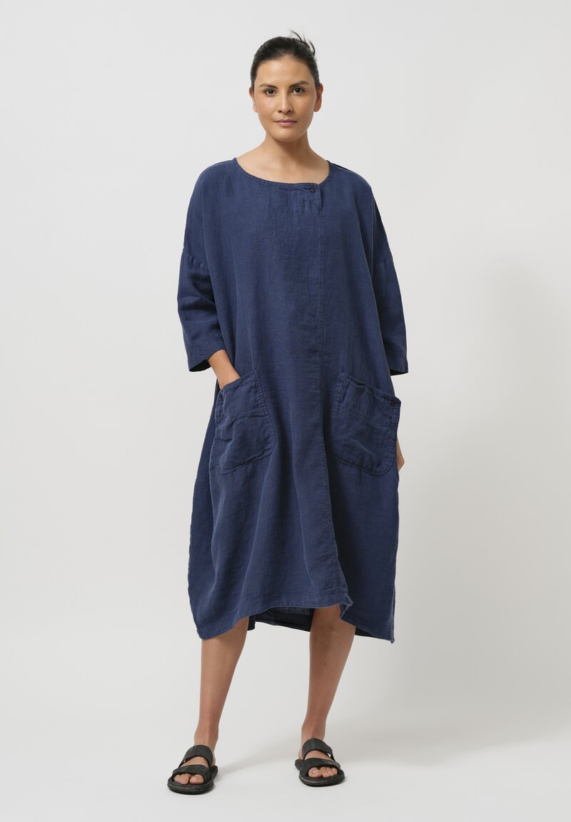 Rundholz Black Label Linen Tulip Smock Dress in Indigo