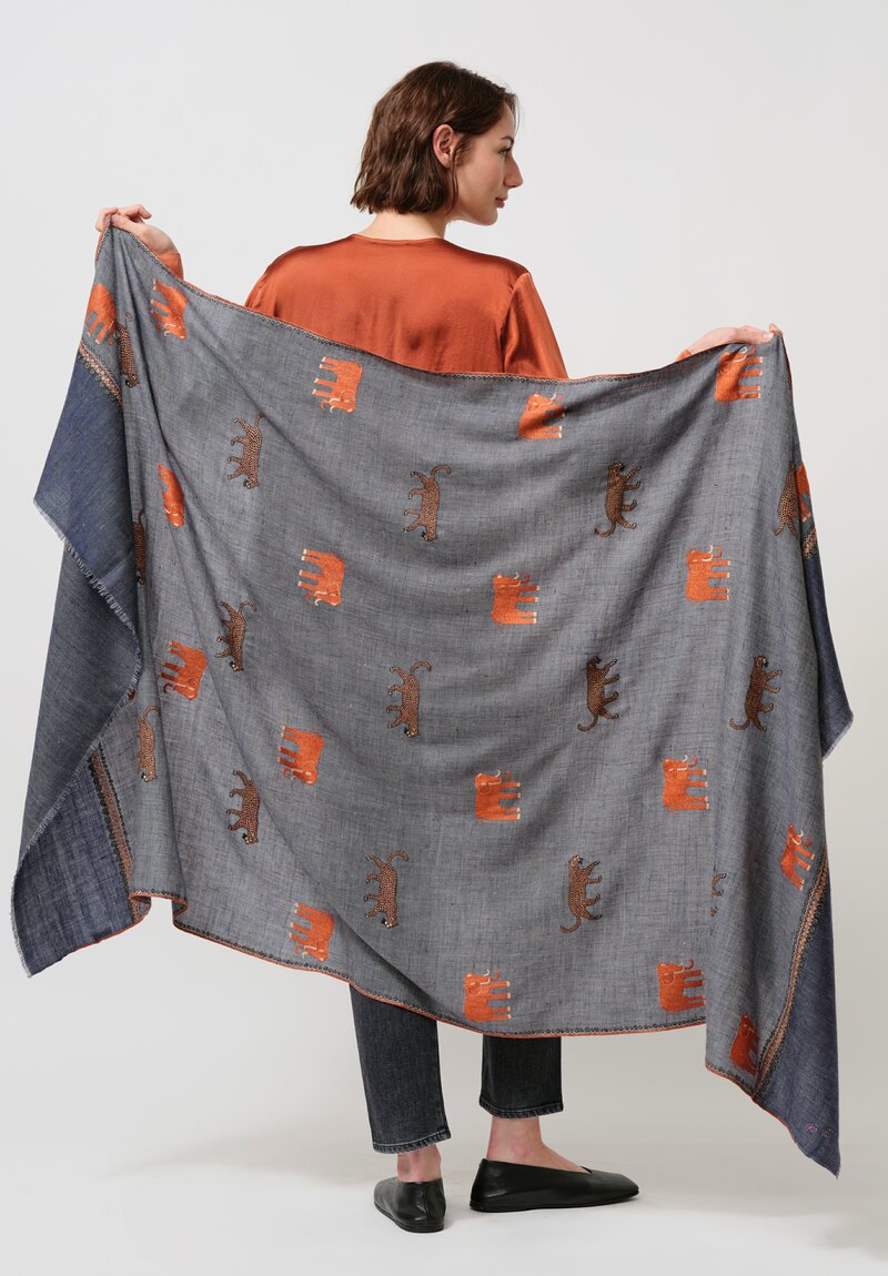 Yaser Shaw Cashmere Kashmiri Embroidered Scarf in Charcoal & Animal Motifs