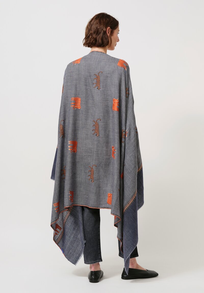 Yaser Shaw Cashmere Kashmiri Embroidered Scarf in Charcoal & Animal Motifs