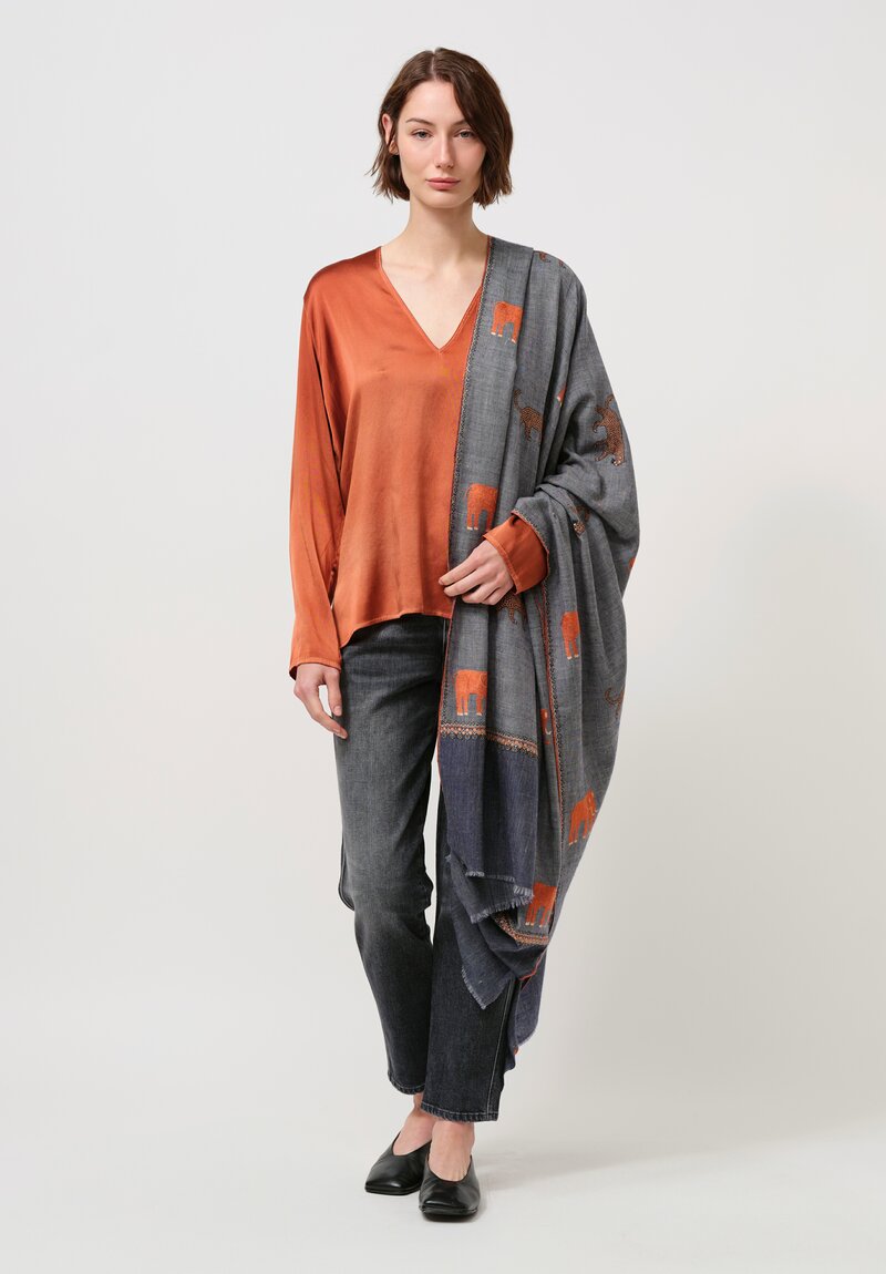 Yaser Shaw Cashmere Kashmiri Embroidered Scarf in Charcoal & Animal Motifs