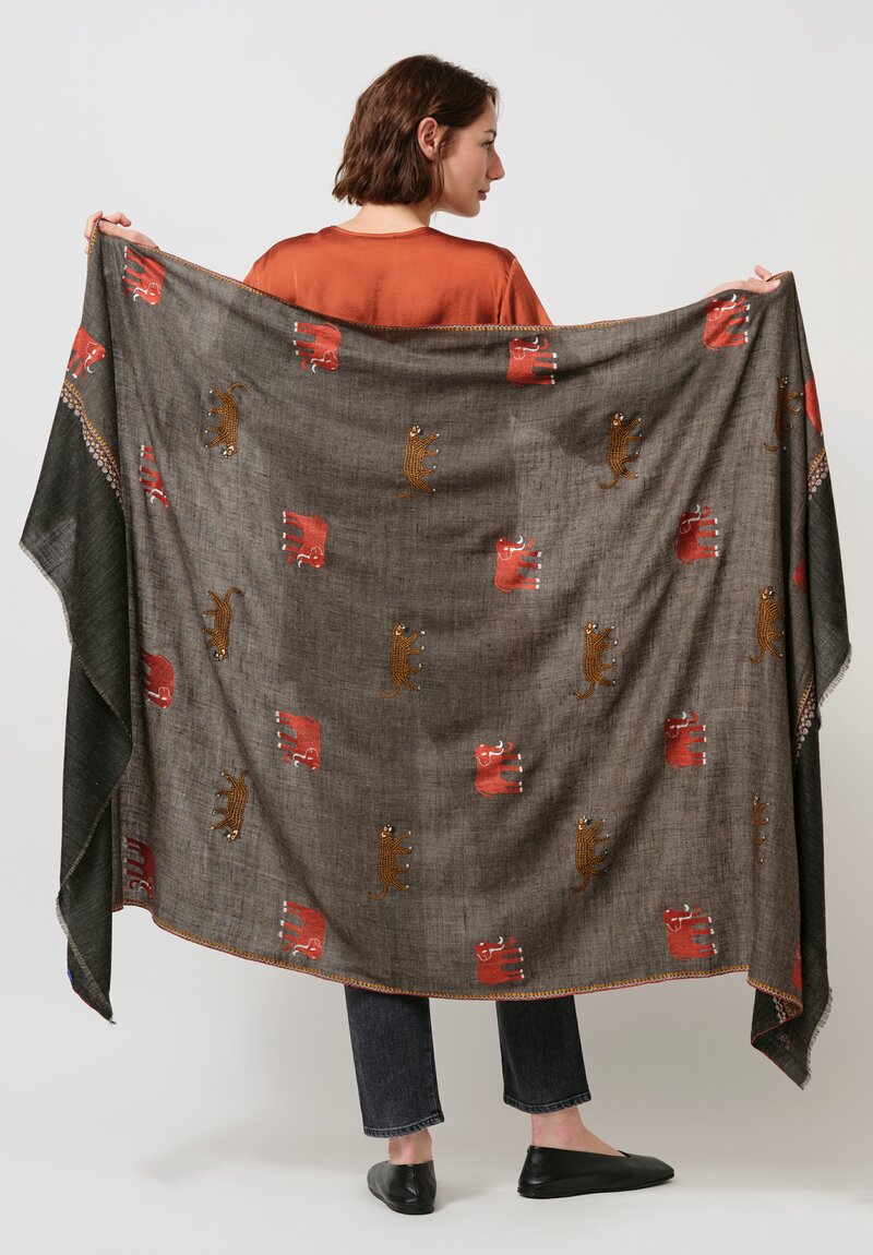 Yaser Shaw Cashmere Kashmiri Embroidered Scarf in Umber & Animal Motifs