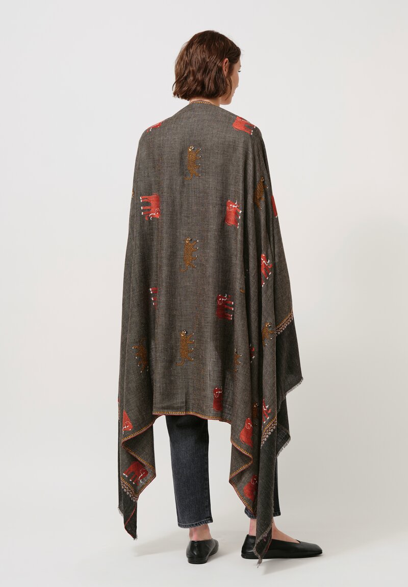 Yaser Shaw Cashmere Kashmiri Embroidered Scarf in Umber & Animal Motifs