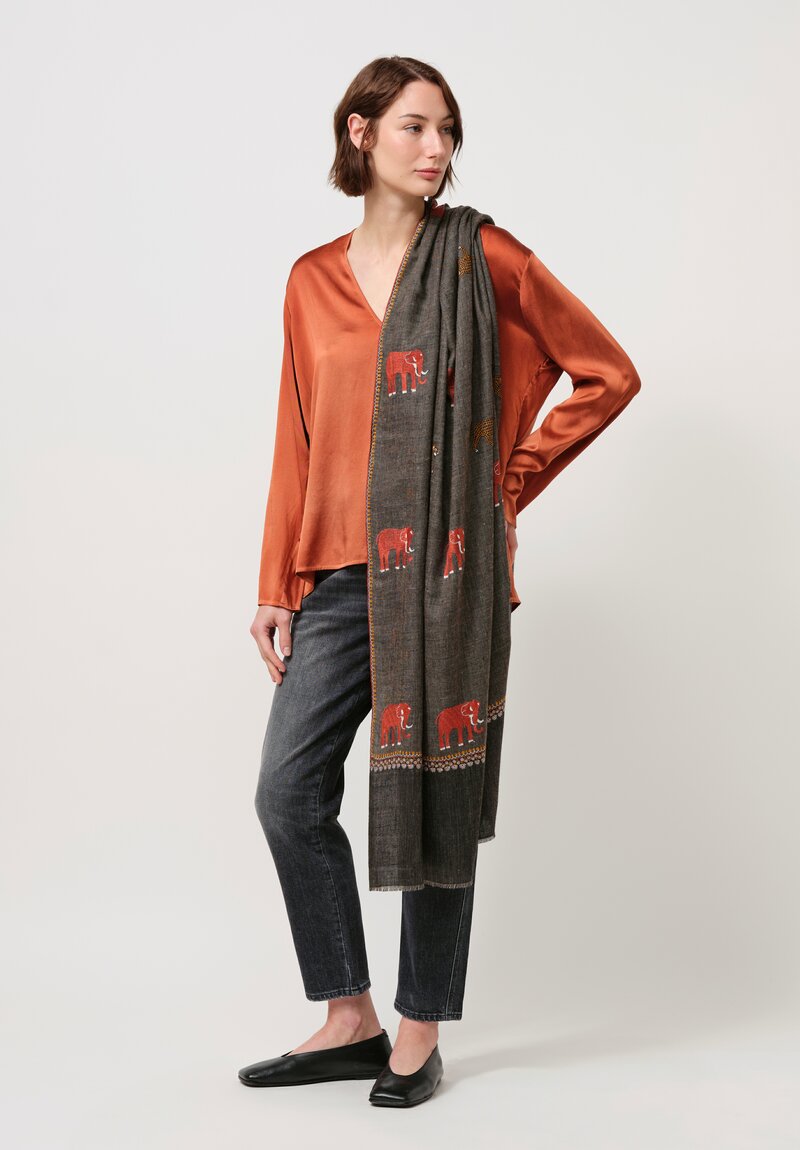 Yaser Shaw Cashmere Kashmiri Embroidered Scarf in Umber & Animal Motifs