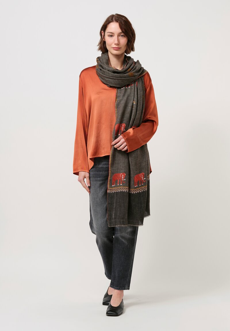 Yaser Shaw Cashmere Kashmiri Embroidered Scarf in Umber & Animal Motifs