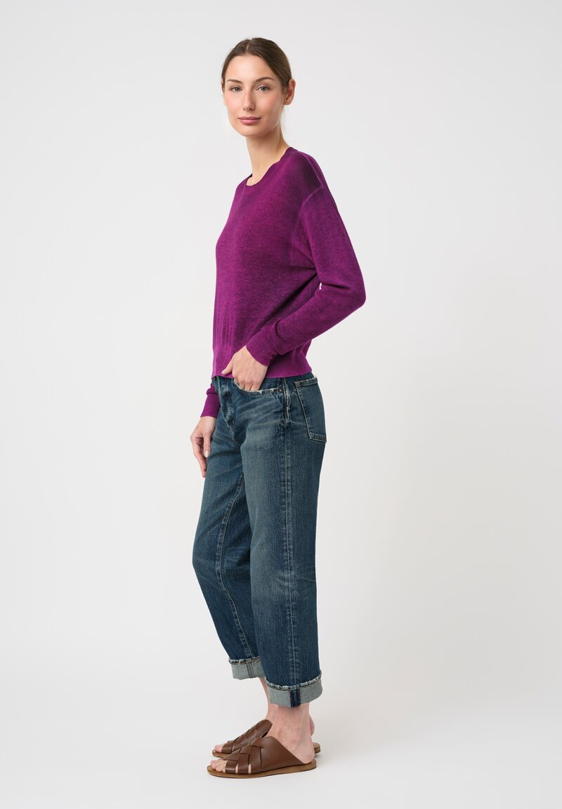 Avant Toi Cashmere Ribbed Hem Girocollo Sweater in Nero & Orchid Purple