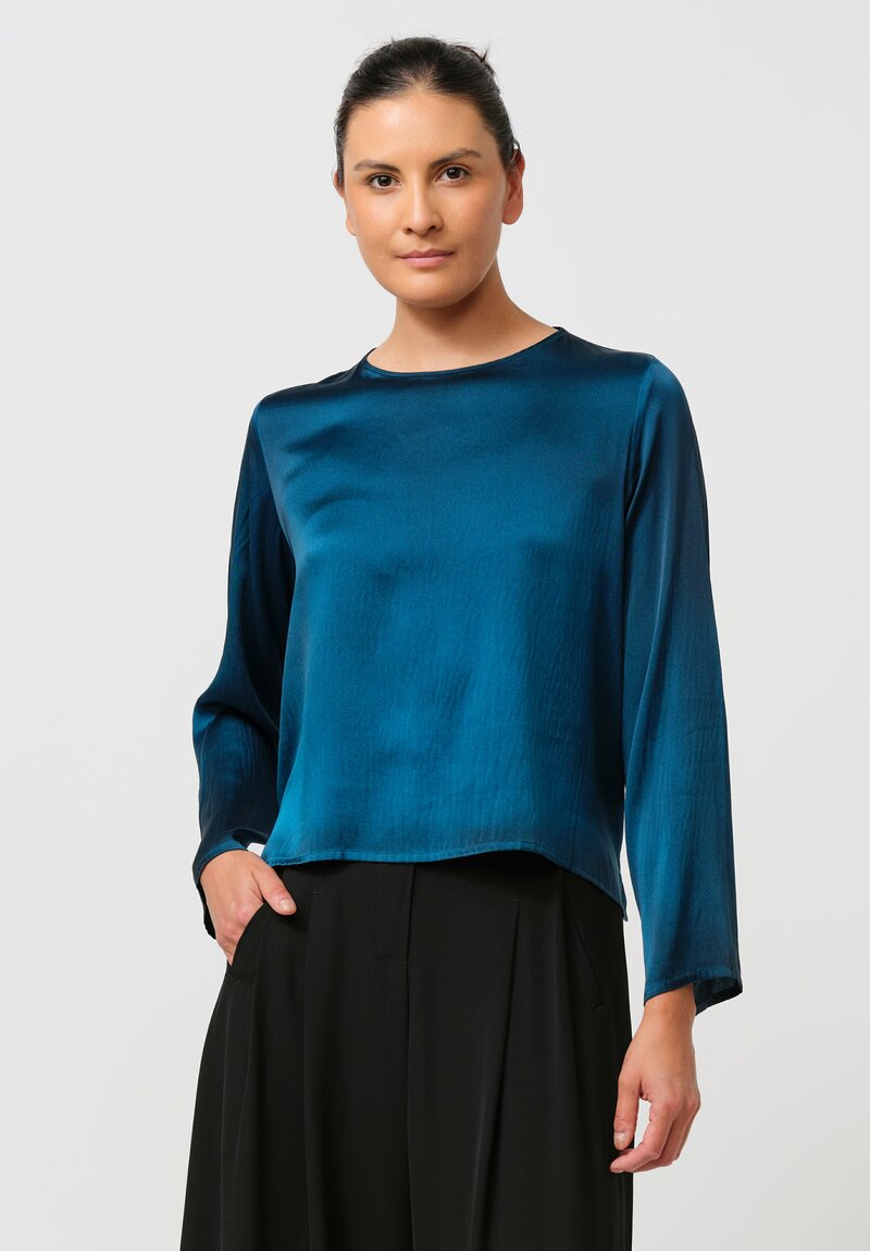 Avant Toi Round Neck Maglia Silk Top in Nero & Topazio Blue