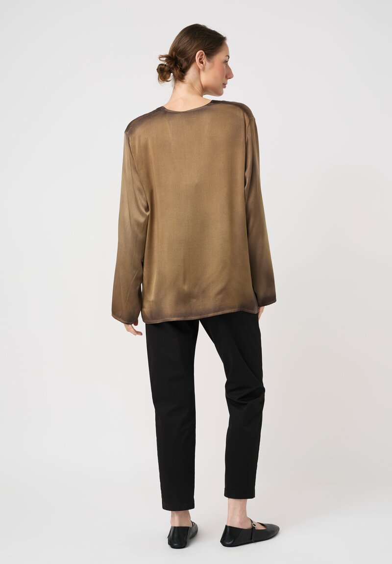 Avant Toi Silk Hand-Painted V-Neck Top in Nero & Cumino Brown