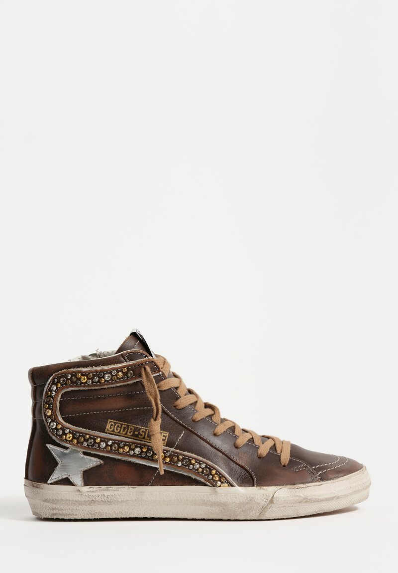 Golden Goose Leather Slide Sneakers with Studded Wave in Brown