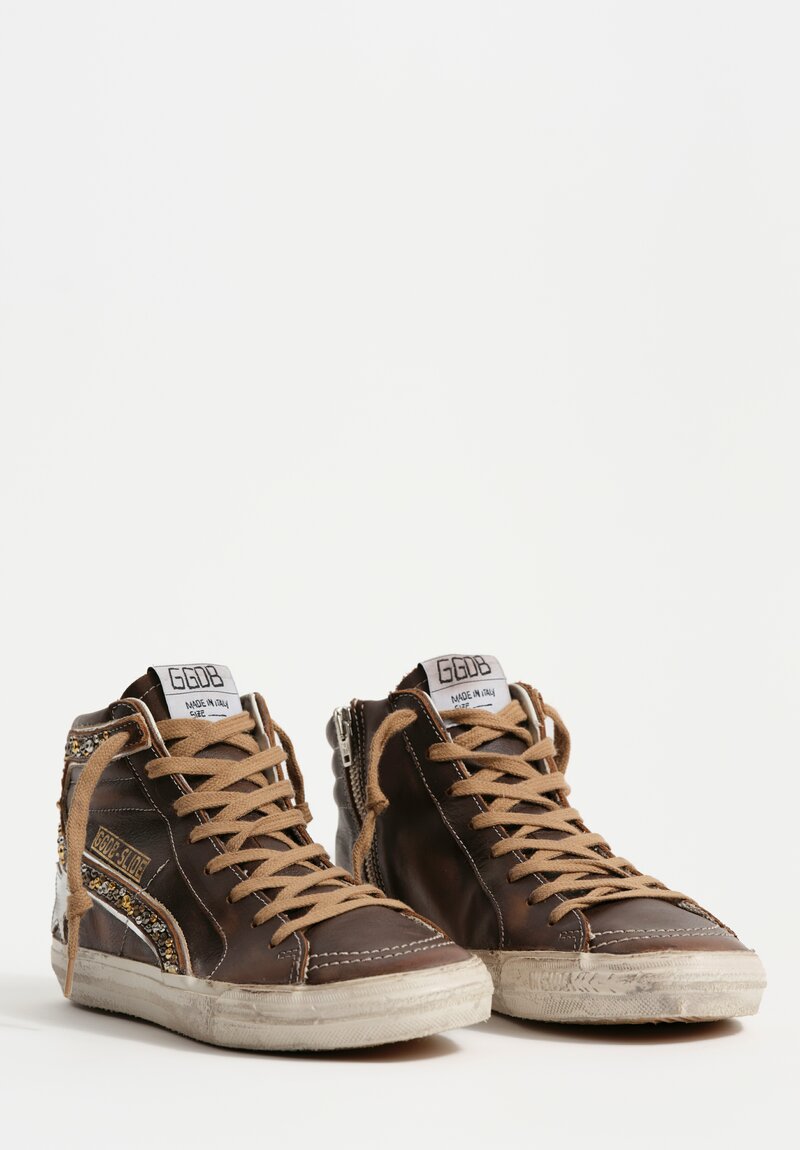 Golden Goose Leather Slide Sneakers with Studded Wave in Brown