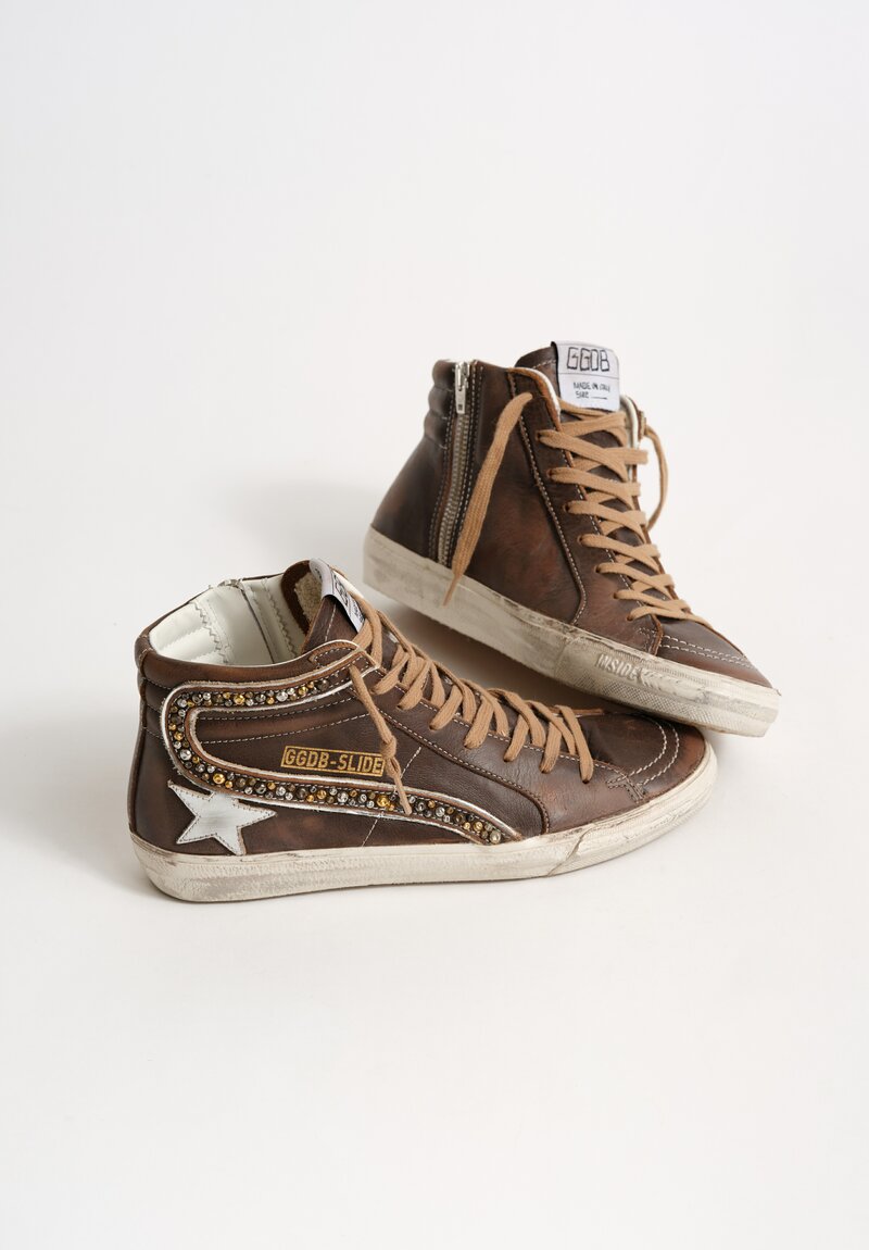 Golden Goose Leather Slide Sneakers with Studded Wave in Brown